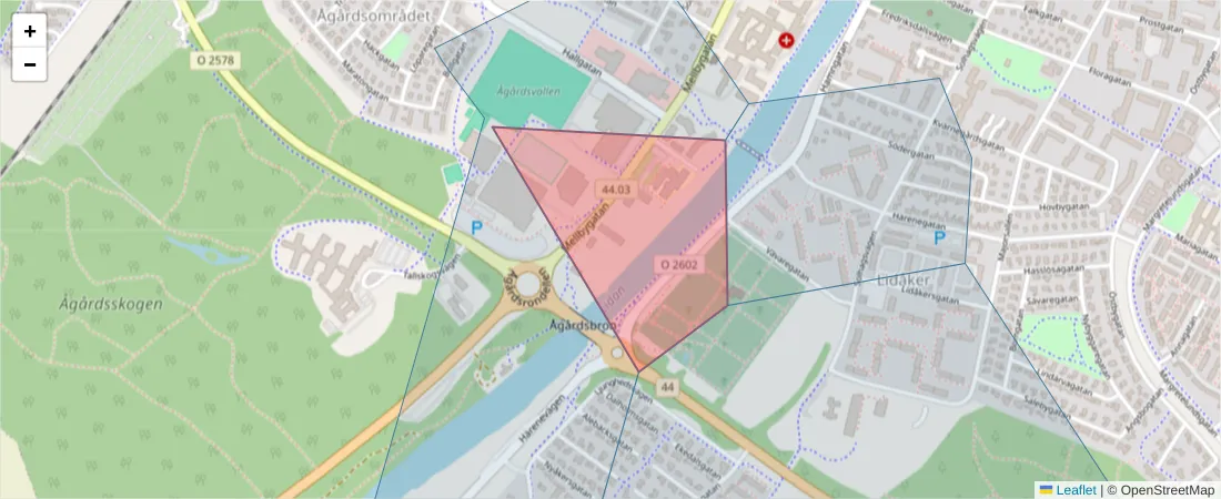 Karta över postnummerområdet  och angränsande postnummer i Sverige