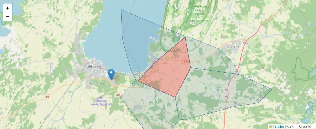 Karta över postnummerområdet  och angränsande postnummer i Sverige