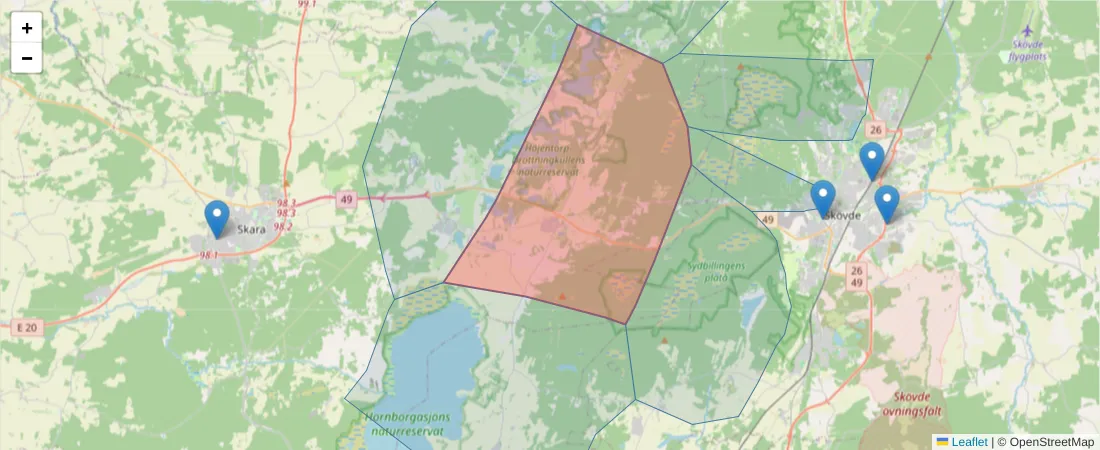 Karta över postnummerområdet  och angränsande postnummer i Sverige