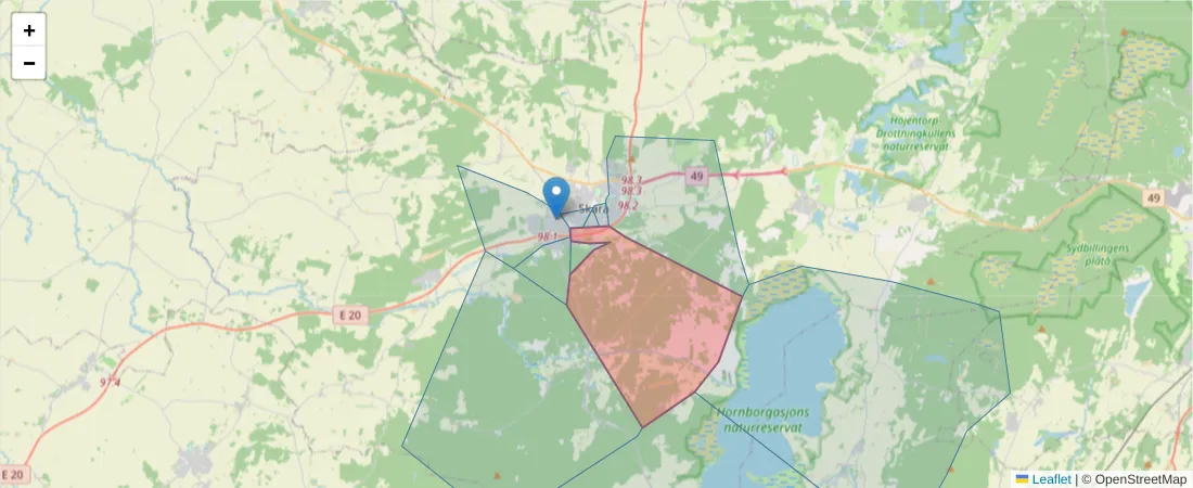 Karta över postnummerområdet  och angränsande postnummer i Sverige