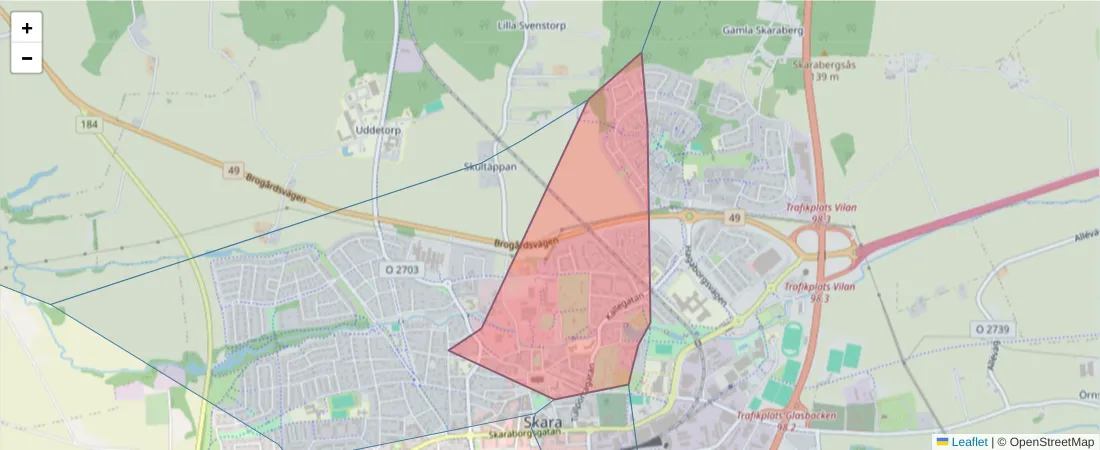 Karta över postnummerområdet  och angränsande postnummer i Sverige
