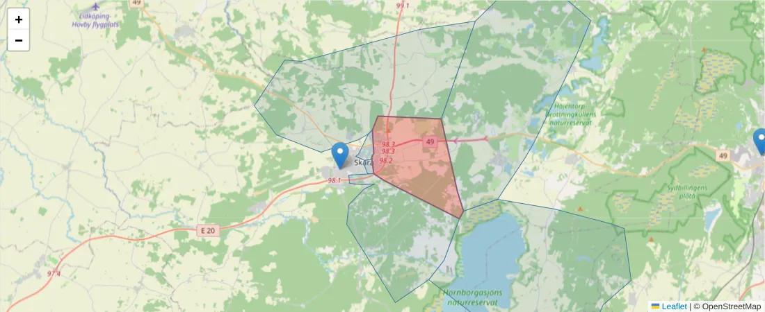 Karta över postnummerområdet  och angränsande postnummer i Sverige
