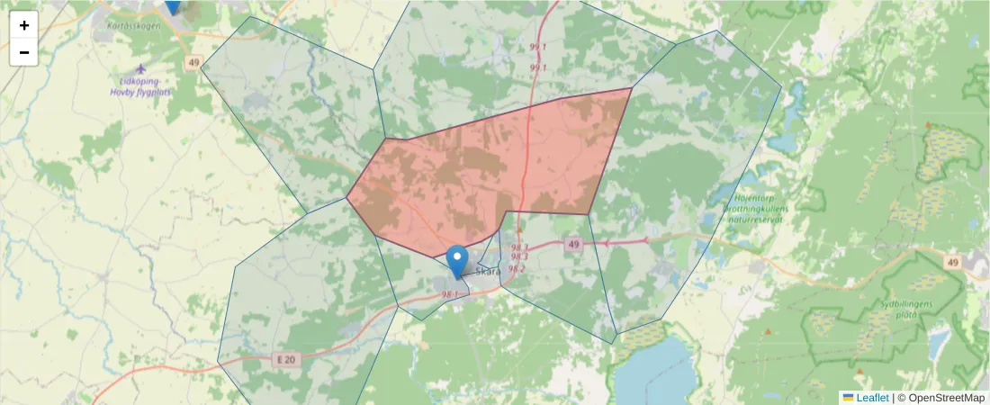 Karta över postnummerområdet  och angränsande postnummer i Sverige