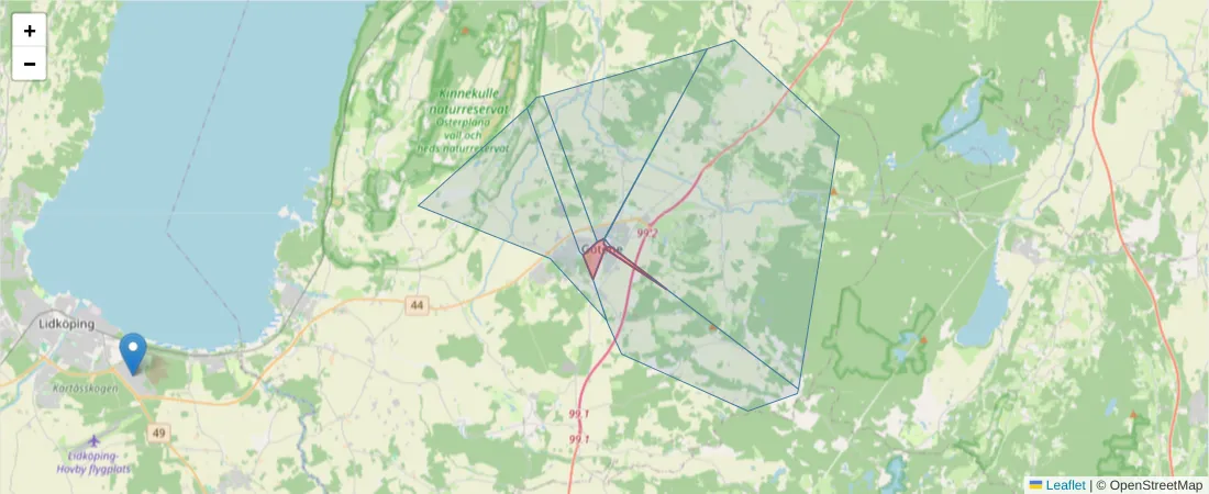 Karta över postnummerområdet  och angränsande postnummer i Sverige