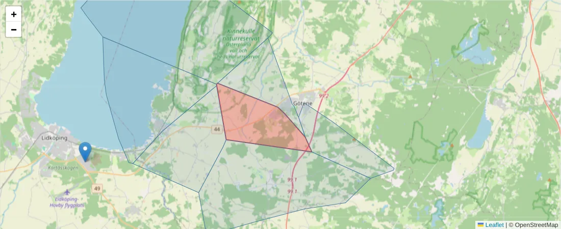 Karta över postnummerområdet  och angränsande postnummer i Sverige