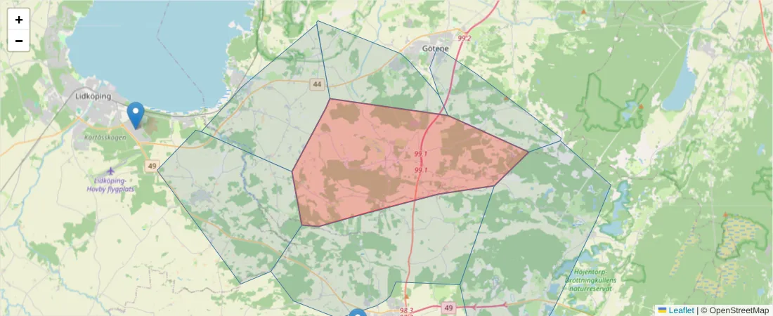 Karta över postnummerområdet  och angränsande postnummer i Sverige
