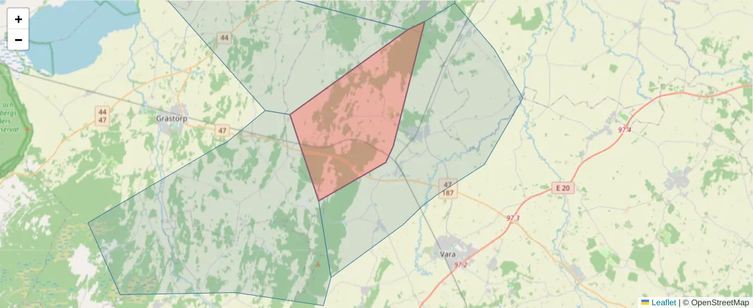 Karta över postnummerområdet  och angränsande postnummer i Sverige
