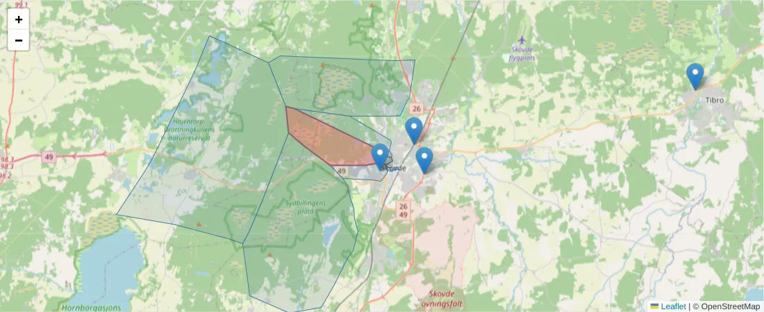 Karta över postnummerområdet  och angränsande postnummer i Sverige
