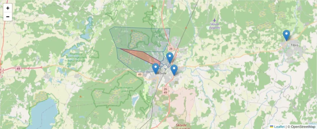 Karta över postnummerområdet  och angränsande postnummer i Sverige