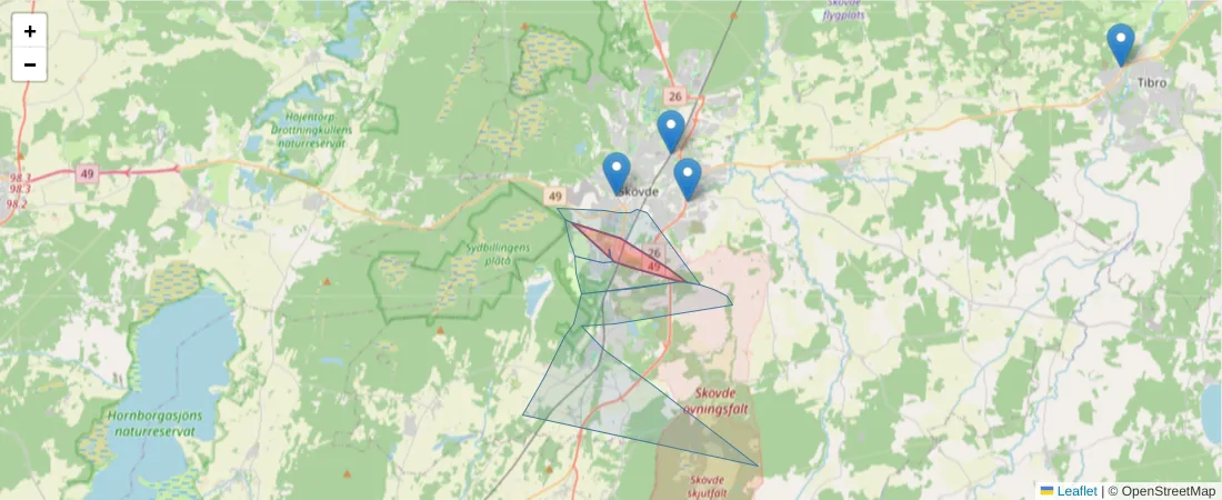 Karta över postnummerområdet  och angränsande postnummer i Sverige