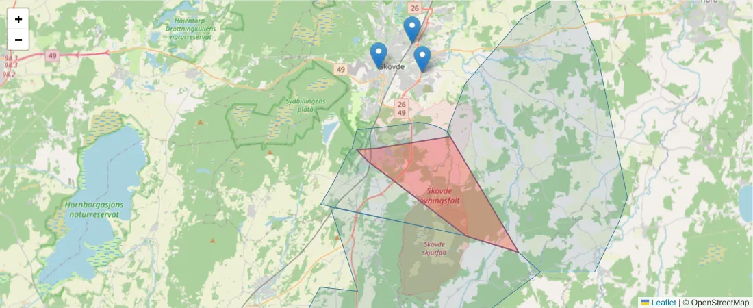 Karta över postnummerområdet  och angränsande postnummer i Sverige