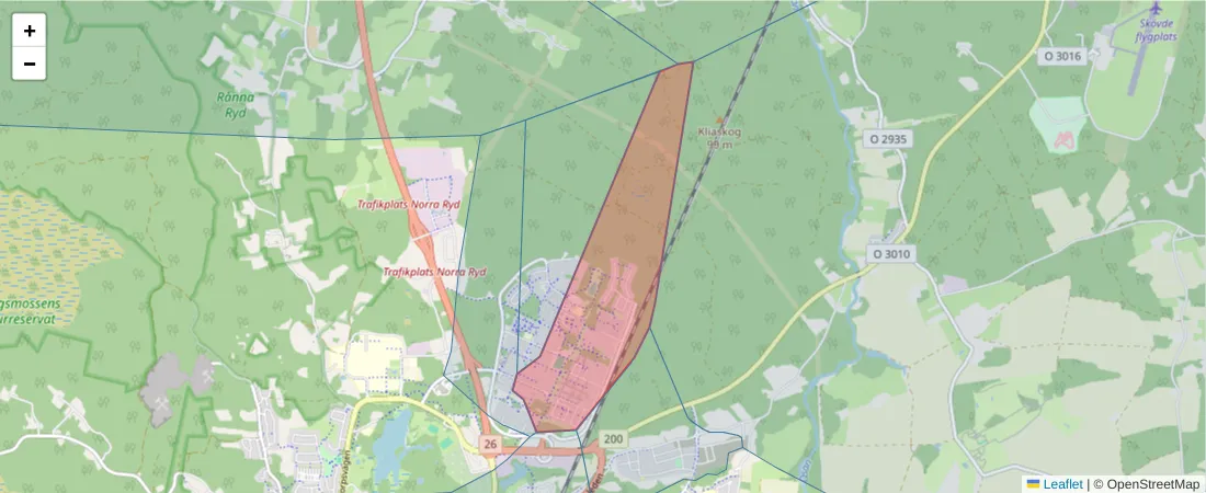 Karta över postnummerområdet  och angränsande postnummer i Sverige