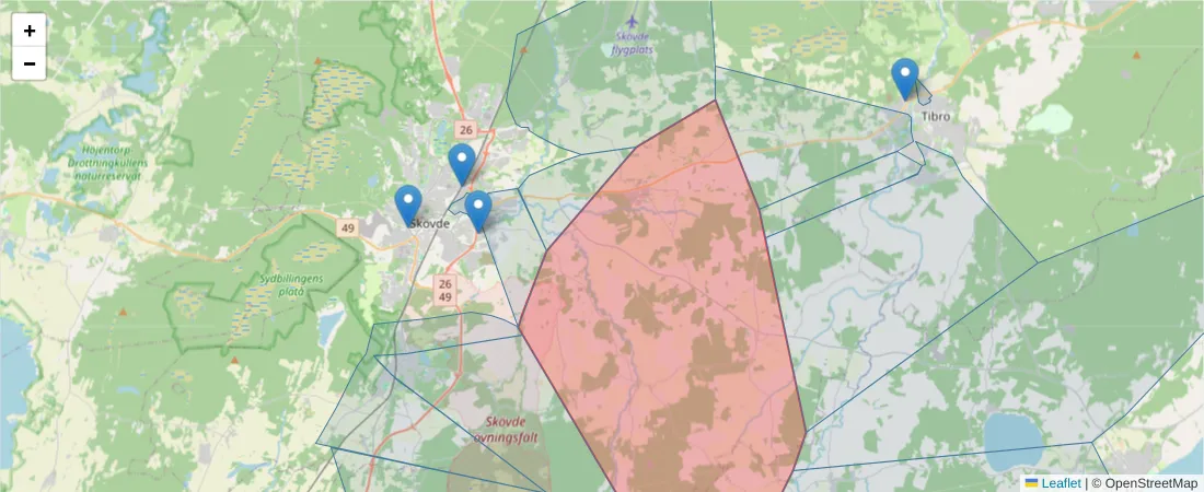 Karta över postnummerområdet  och angränsande postnummer i Sverige