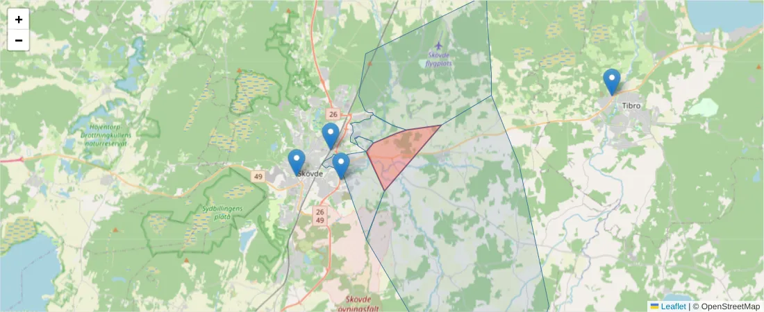 Karta över postnummerområdet  och angränsande postnummer i Sverige