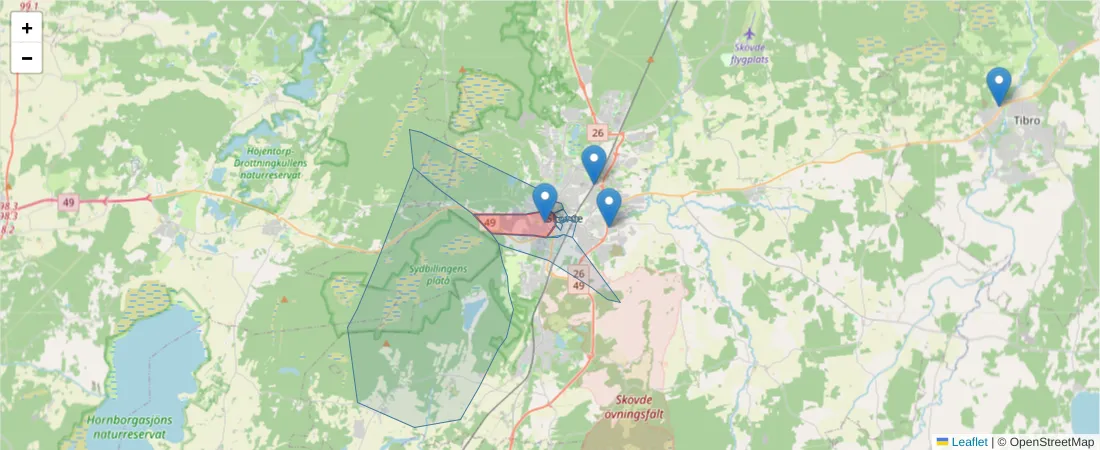 Karta över postnummerområdet  och angränsande postnummer i Sverige