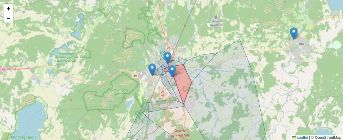 Karta över postnummerområdet  och angränsande postnummer i Sverige