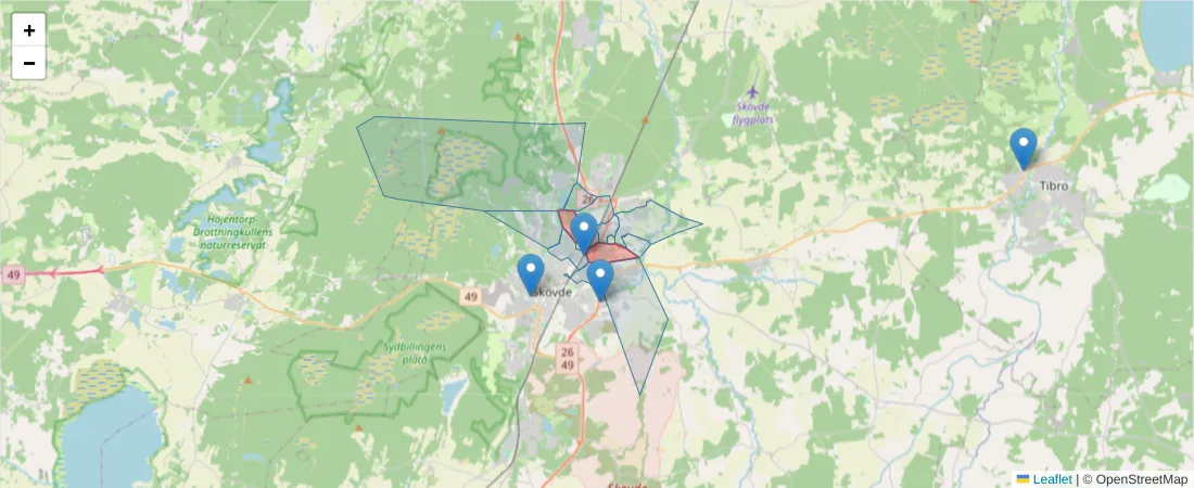 Karta över postnummerområdet  och angränsande postnummer i Sverige