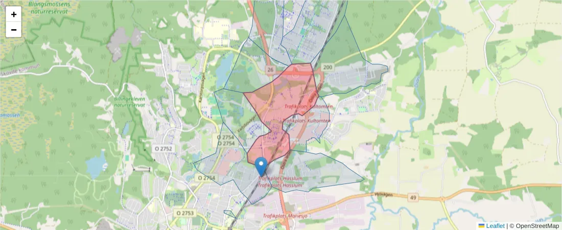 Karta över postnummerområdet  och angränsande postnummer i Sverige