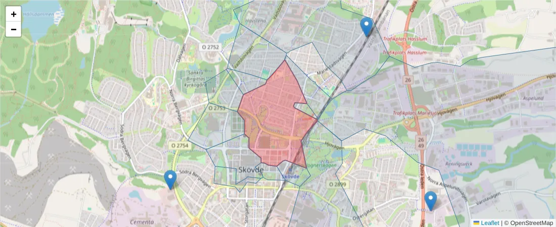 Karta över postnummerområdet  och angränsande postnummer i Sverige
