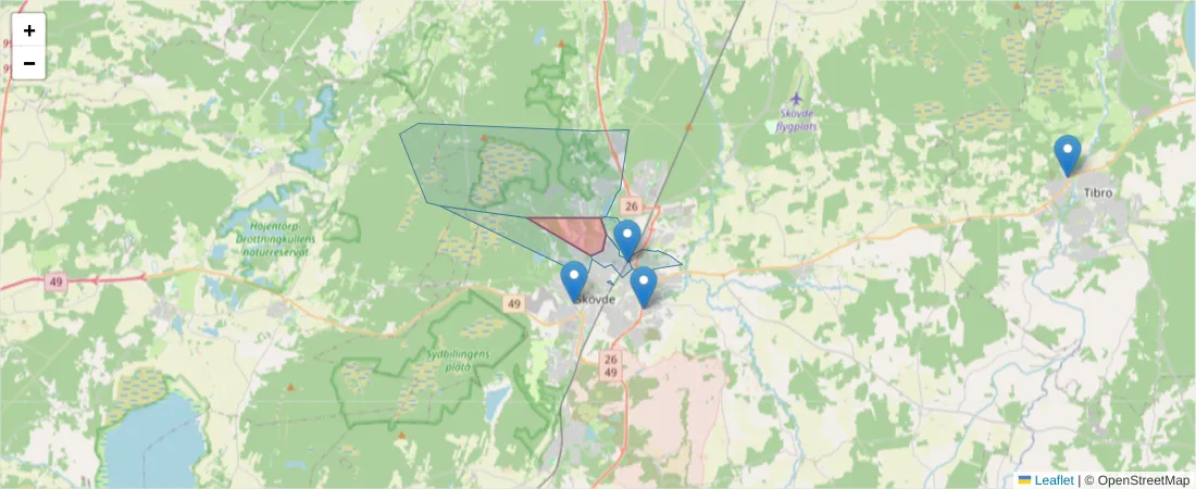 Karta över postnummerområdet  och angränsande postnummer i Sverige