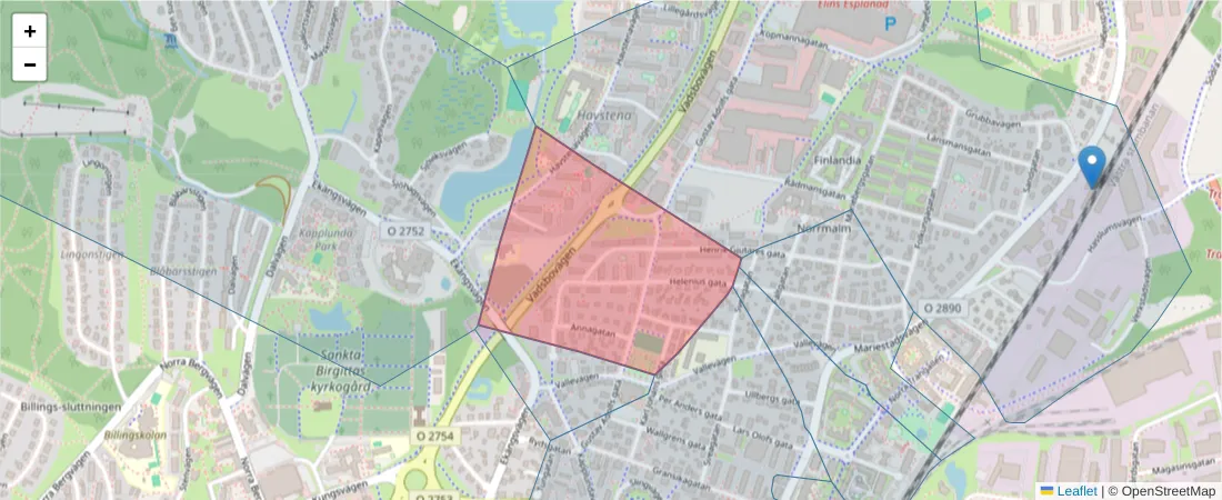 Karta över postnummerområdet  och angränsande postnummer i Sverige