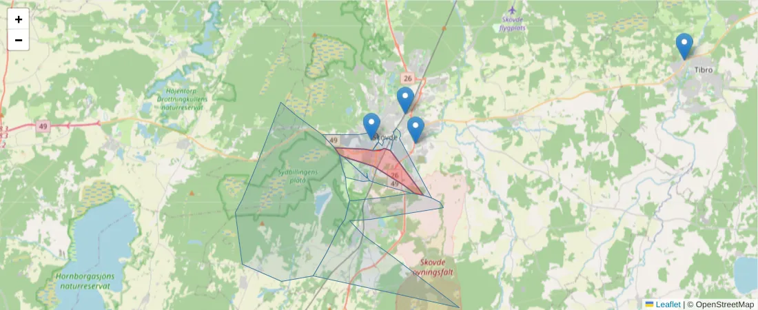 Karta över postnummerområdet  och angränsande postnummer i Sverige