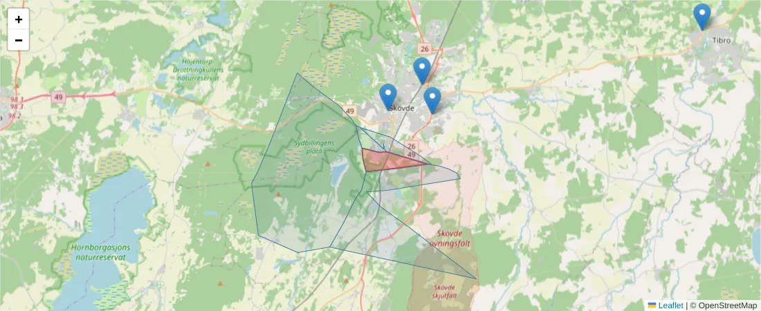 Karta över postnummerområdet  och angränsande postnummer i Sverige