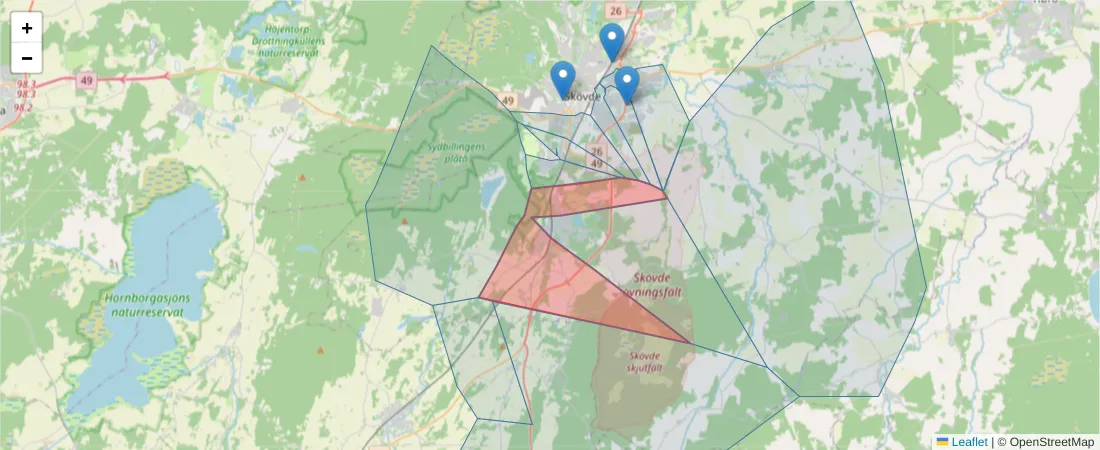 Karta över postnummerområdet  och angränsande postnummer i Sverige