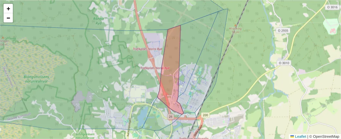 Karta över postnummerområdet  och angränsande postnummer i Sverige