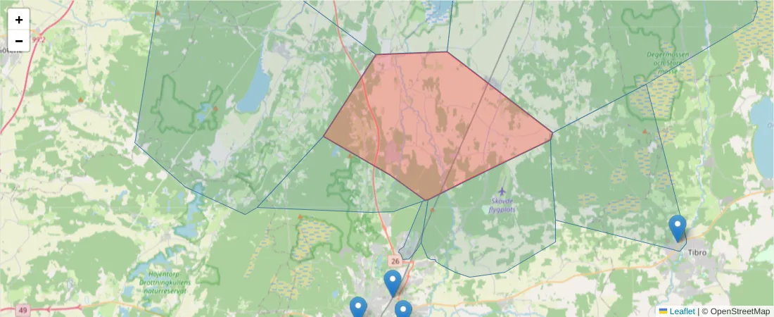 Karta över postnummerområdet  och angränsande postnummer i Sverige