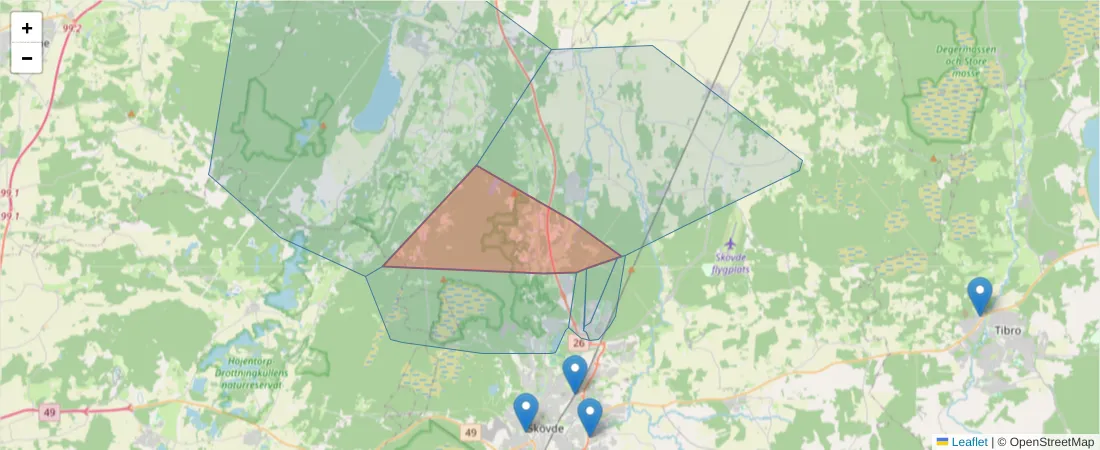Karta över postnummerområdet  och angränsande postnummer i Sverige