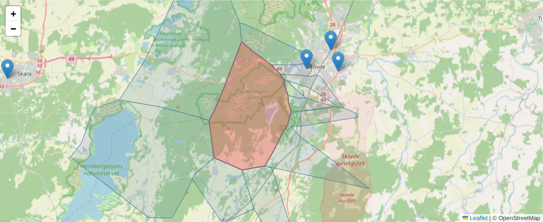 Karta över postnummerområdet  och angränsande postnummer i Sverige