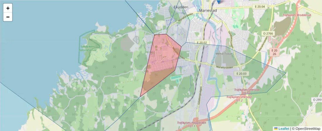 Karta över postnummerområdet  och angränsande postnummer i Sverige