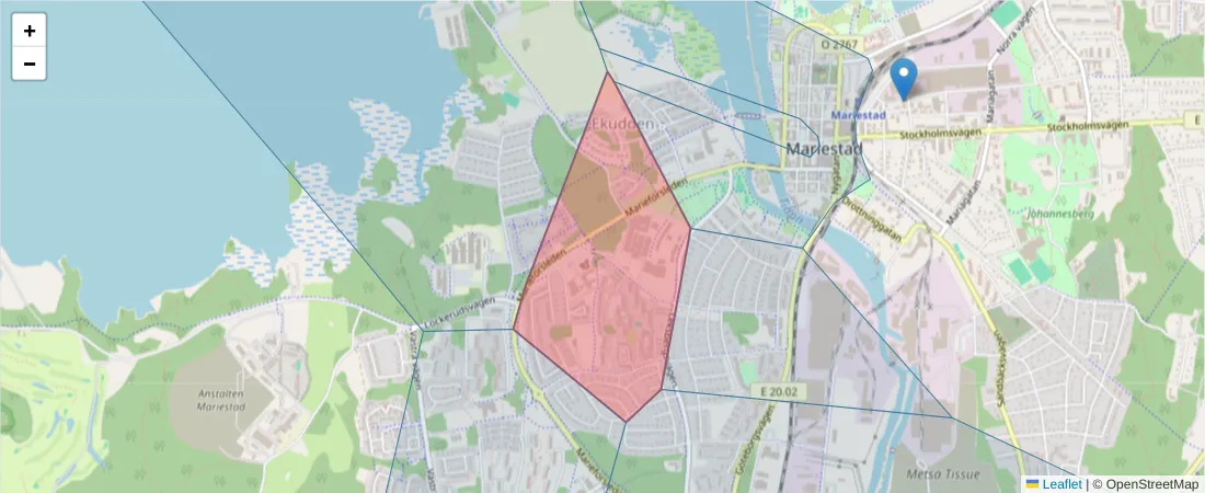 Karta över postnummerområdet  och angränsande postnummer i Sverige