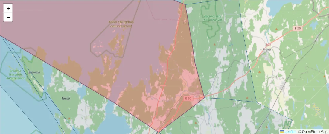 Karta över postnummerområdet  och angränsande postnummer i Sverige