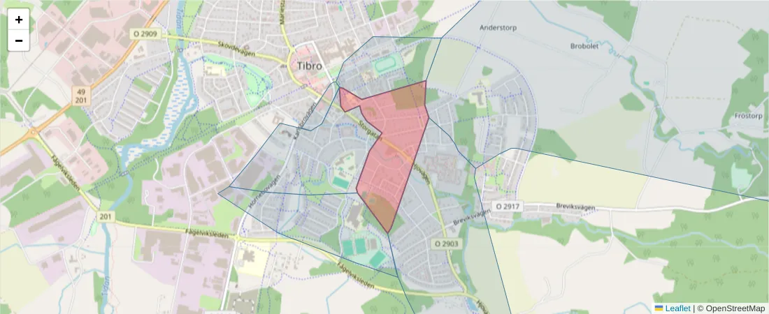 Karta över postnummerområdet  och angränsande postnummer i Sverige