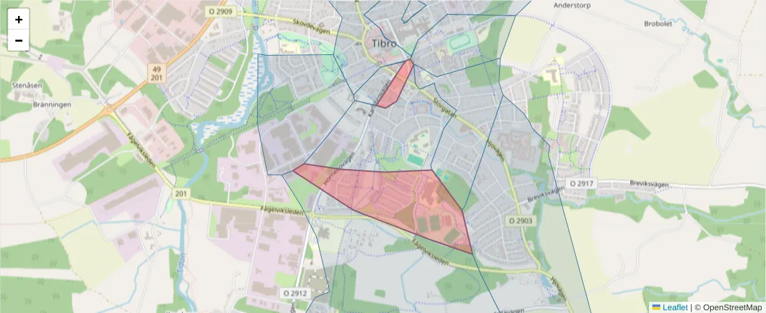 Karta över postnummerområdet  och angränsande postnummer i Sverige