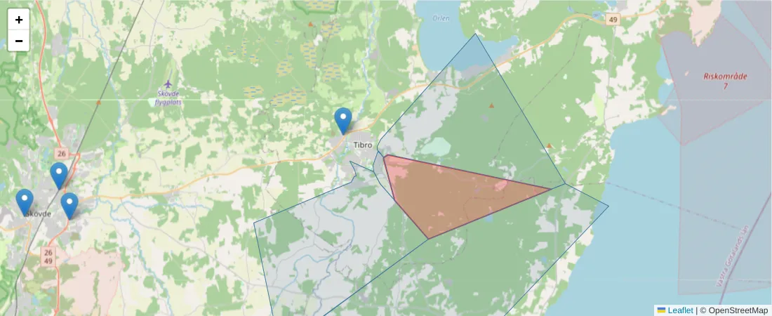 Karta över postnummerområdet  och angränsande postnummer i Sverige