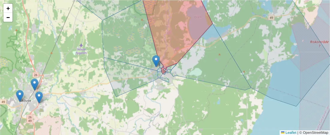 Karta över postnummerområdet  och angränsande postnummer i Sverige
