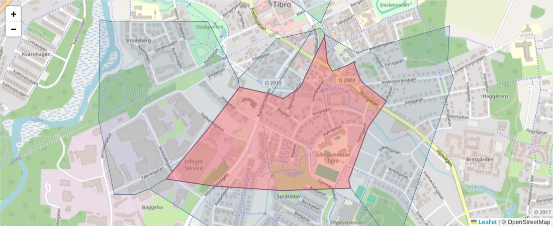 Karta över postnummerområdet  och angränsande postnummer i Sverige
