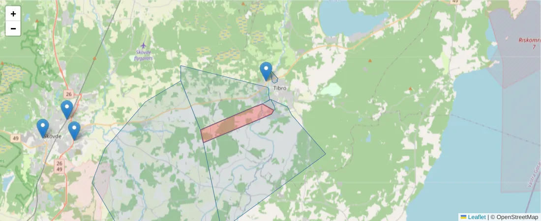 Karta över postnummerområdet  och angränsande postnummer i Sverige
