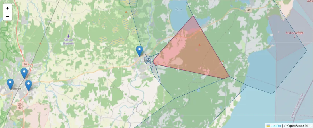Karta över postnummerområdet  och angränsande postnummer i Sverige