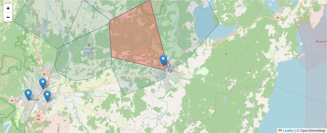Karta över postnummerområdet  och angränsande postnummer i Sverige
