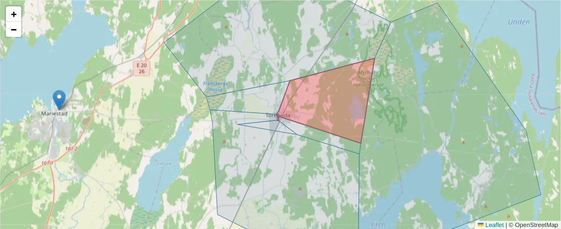 Karta över postnummerområdet  och angränsande postnummer i Sverige