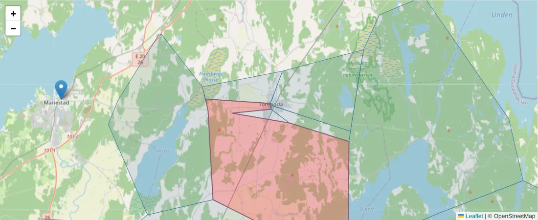 Karta över postnummerområdet  och angränsande postnummer i Sverige