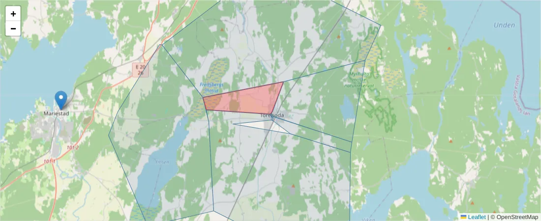 Karta över postnummerområdet  och angränsande postnummer i Sverige