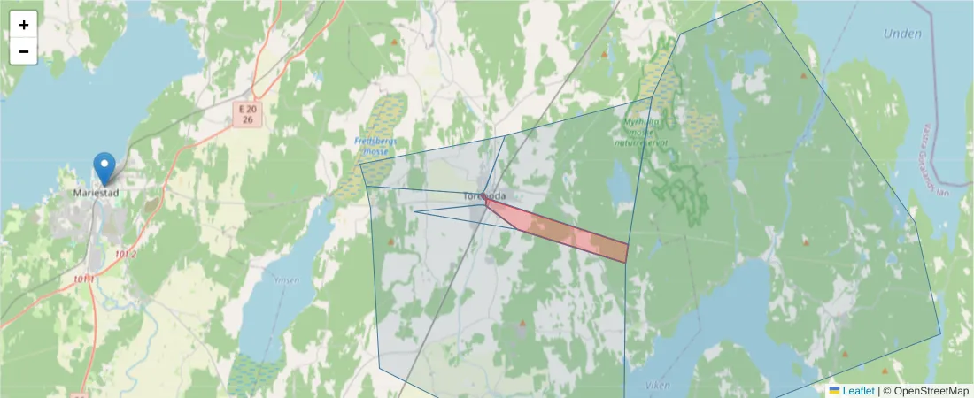Karta över postnummerområdet  och angränsande postnummer i Sverige
