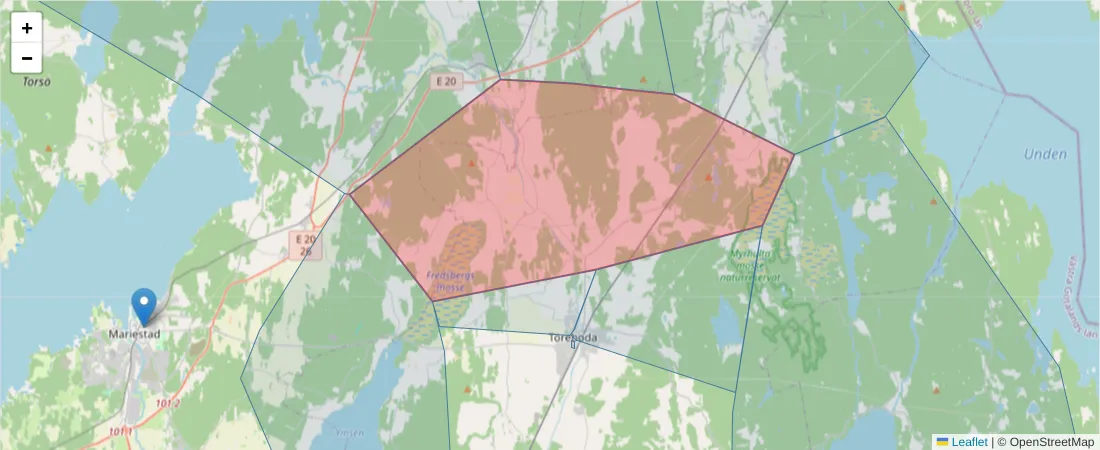Karta över postnummerområdet  och angränsande postnummer i Sverige