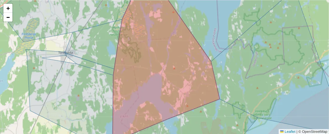 Karta över postnummerområdet  och angränsande postnummer i Sverige