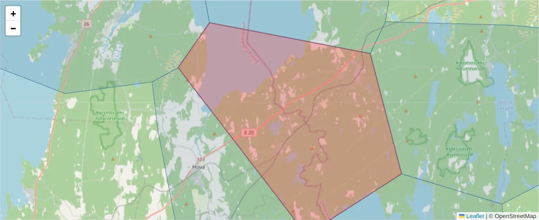 Karta över postnummerområdet  och angränsande postnummer i Sverige